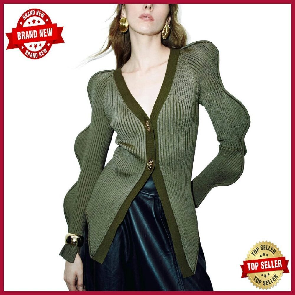 Soft Knit Button Down Cardigan with V Neck and Wave Sleeves